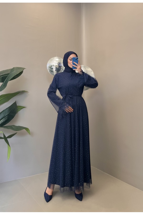 TAŞLI ELBİSE LACİVERT